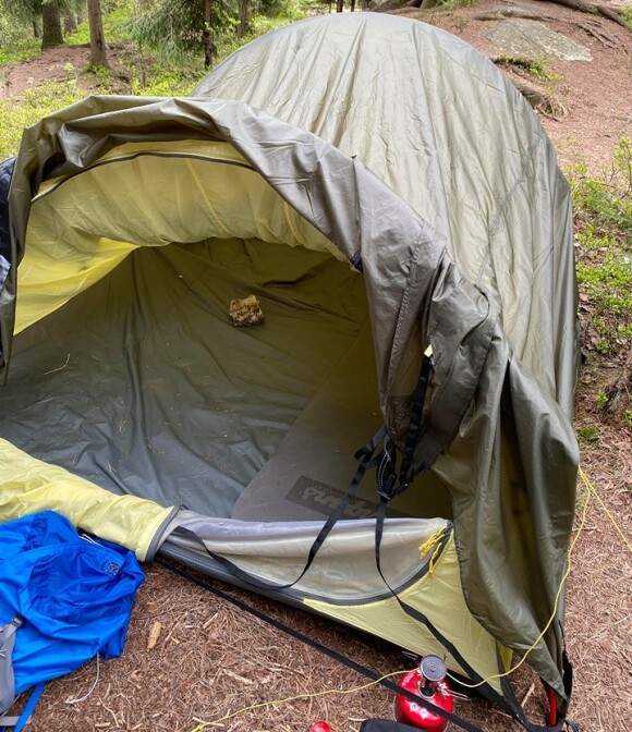 RASERT: Slik så teltet ut da de kom tilbake dagen derpå. Poser var revet opp og stedet var endevendt. Foto: Privat RASERT: Slik så teltet ut da de kom tilbake dagen derpå. Poser var revet opp og stedet var endevendt. Foto: Privat